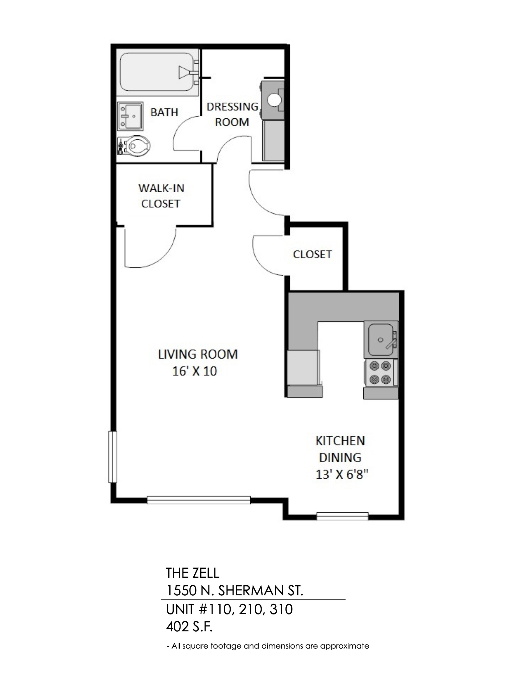 Floor plan for studio, 1 bath, 402 sqft